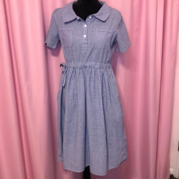 Dresses & Skirts - Blue and White Vertical Striped Collared Dress